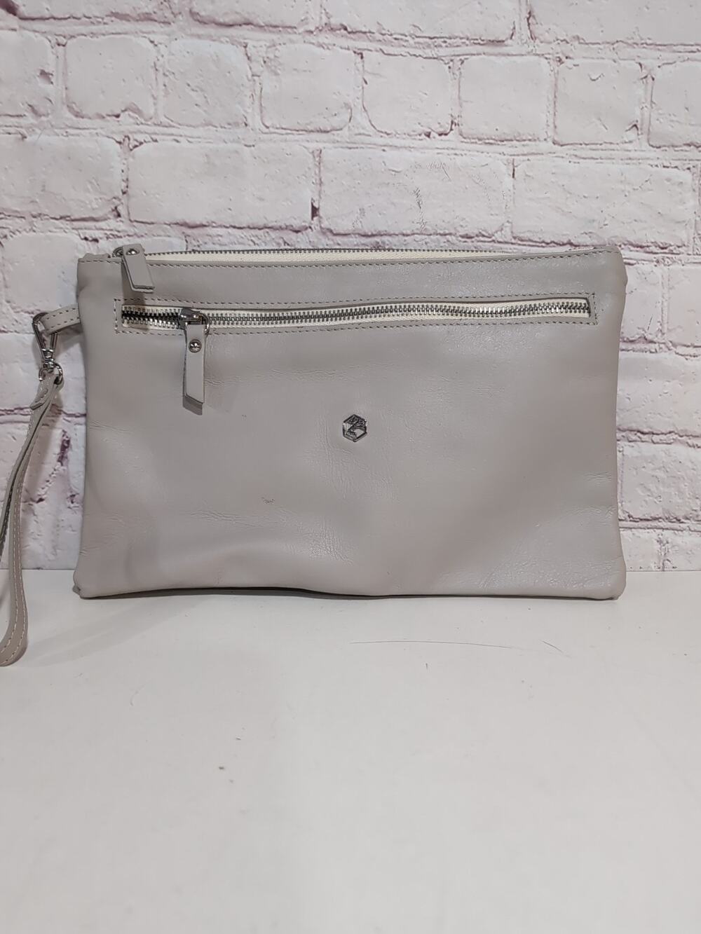 Valentina Taupe Smooth Leather Wristlet Purse Bag Italy Travel Pouch